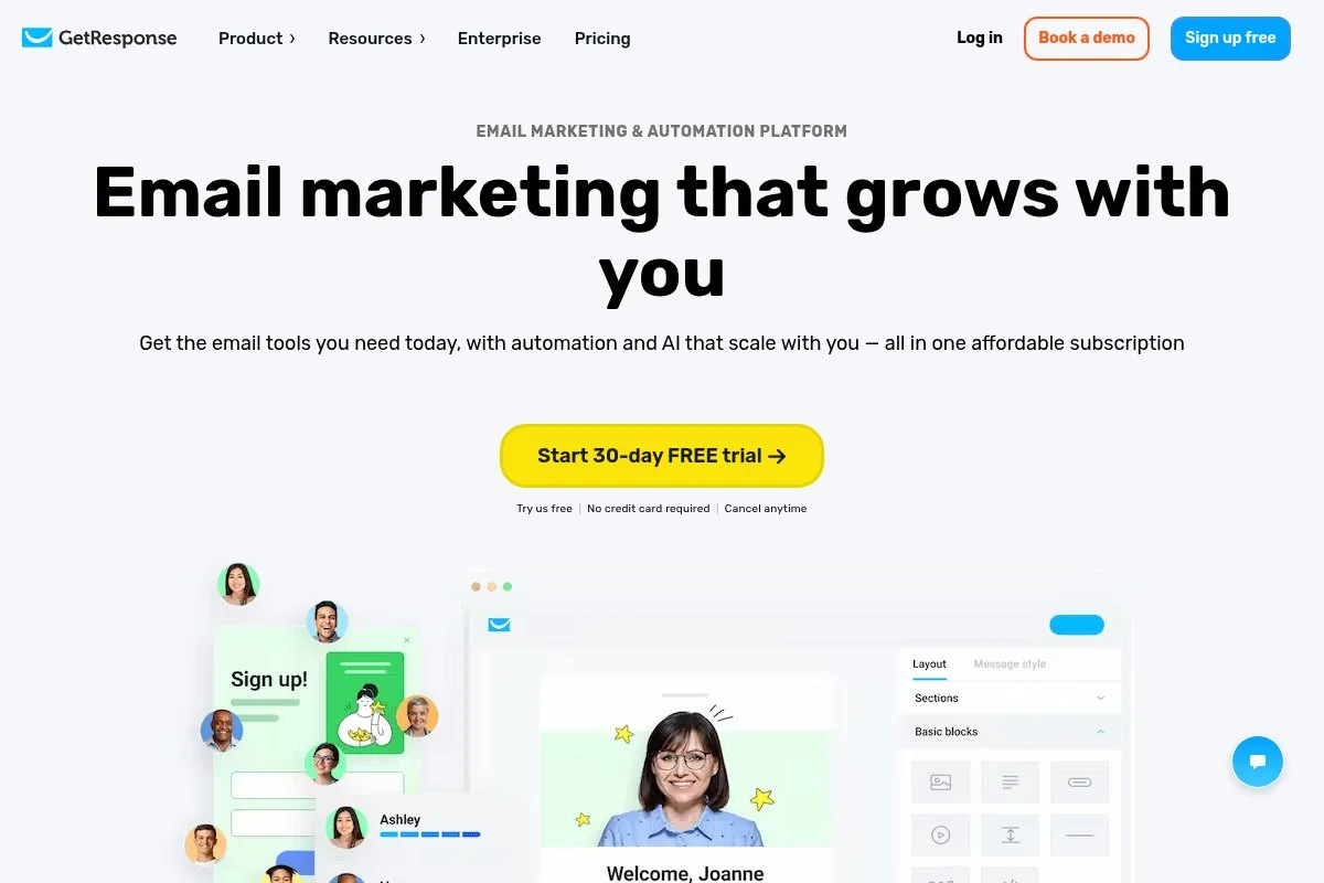 Screenshot of GetResponse homepage